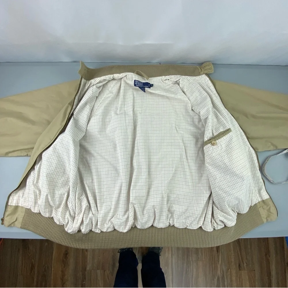 Vtg Polo Ralph Lauren Bomber Plaid Lining Men's Tan Khaki Jacket Sz XL
